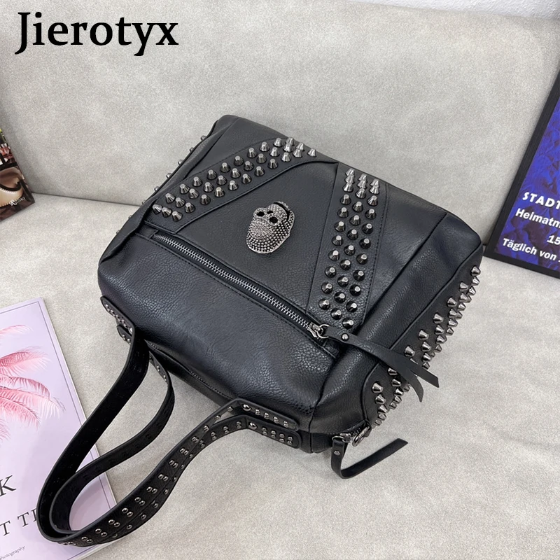 JIEROTYX Black Skull Handbag Tote Bags for Women Gothic Rivet Large Capacity Crossbody Purse Soft Leather Travel Shopping