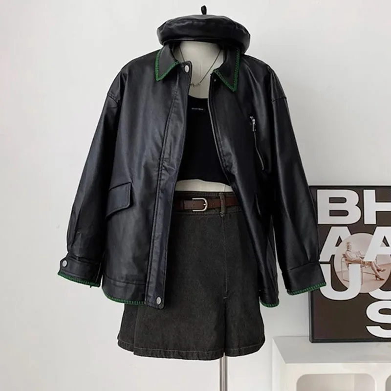 Primavera autunno moda contrasto colore risvolto nero Faux PU giacca in pelle sciolto Casual manica lunga giacca da motociclista femminile Streetwear