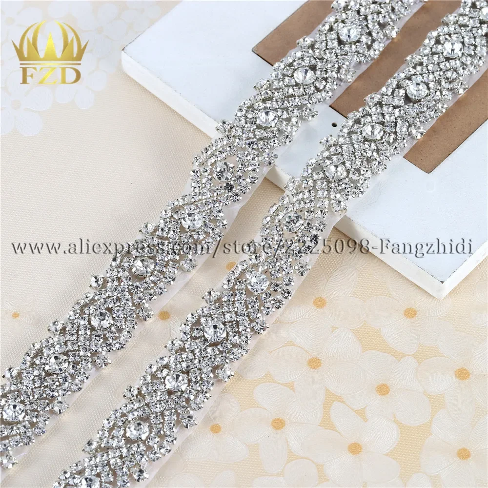 

(10yards) Wholesale 1 Yard Sliver Sewing on Crystal Beaded Iron on Bridal Sash and Belt Rhinestone Applique Trim Rhinestone