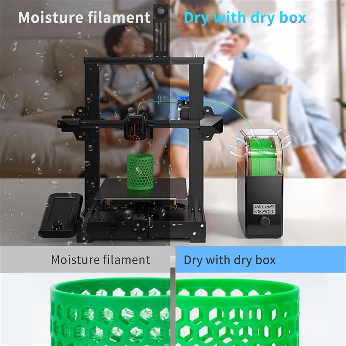 Filament Dry Box 2.0 Adjustable Temperature 45℃-65℃ Real-Time Humidity Monitoring Hot-Air Heating 0-24h Setting EU Plug
