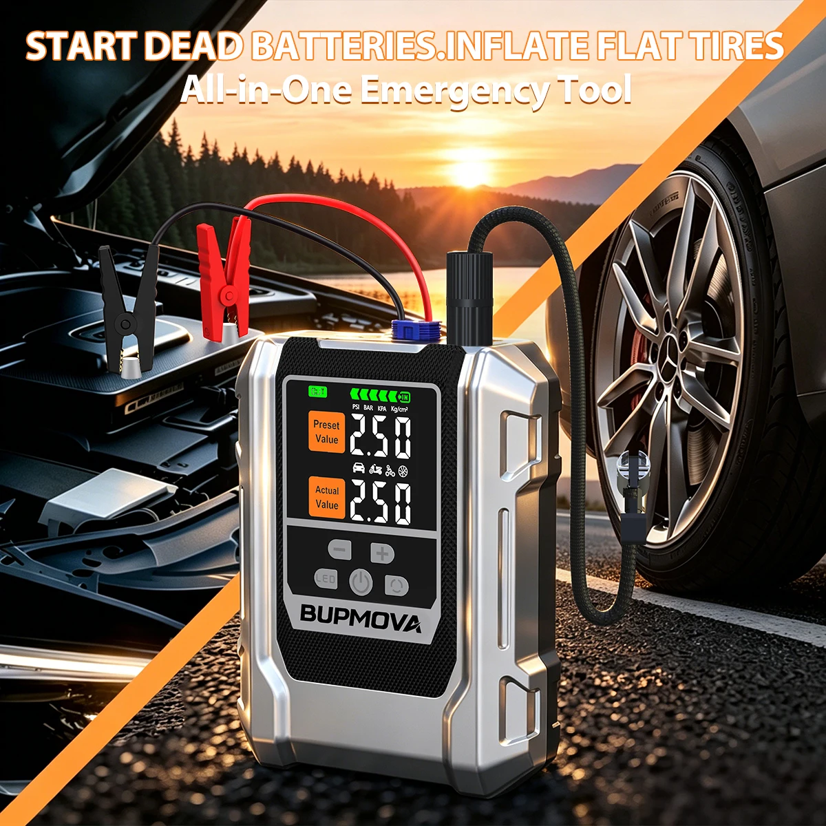 Kit di avviamento d'emergenza per auto 9500A con compressore d'aria da 150 PSI, avviatore portatile 2-in-1 e power bank per auto 12V, compatibile con tutti i motori a benzina e con display da 14,0L