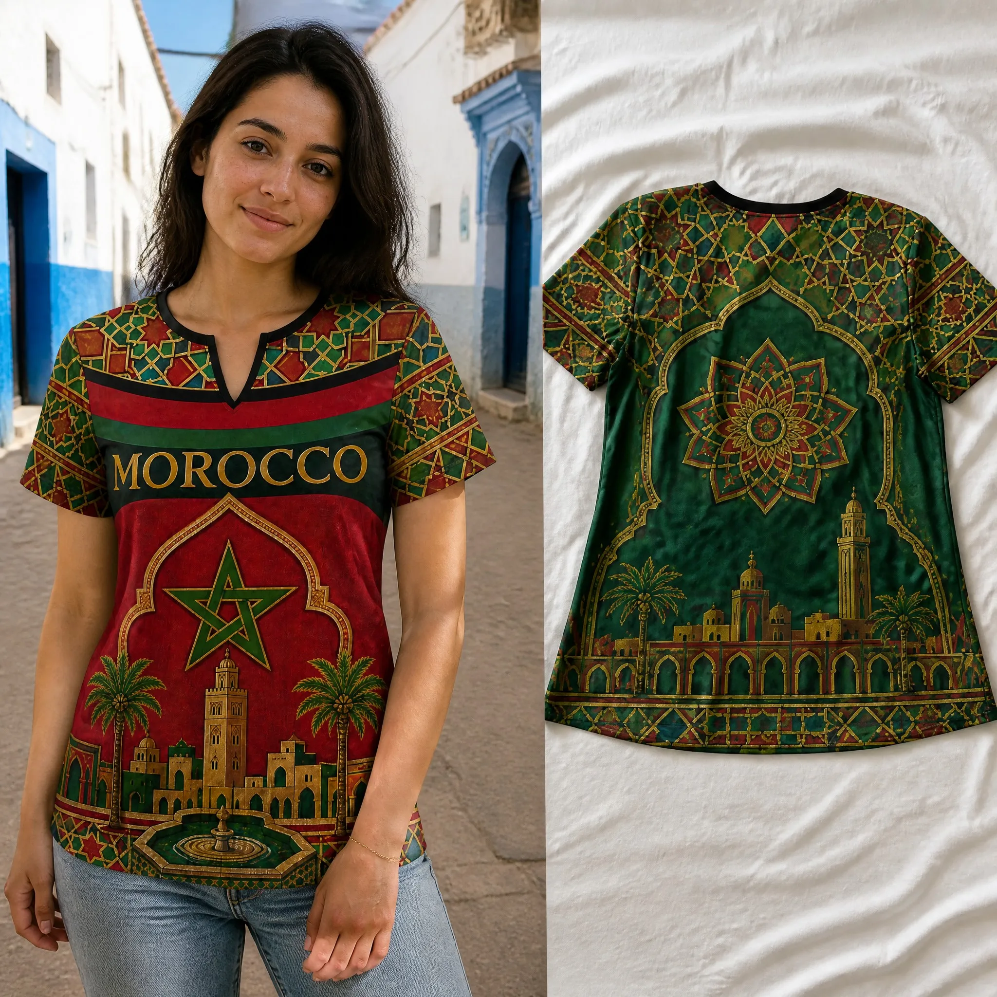Womens V Neck Short Sleeve Morocco T Shirt Red Green Crest Camel Desert Print Casual Summer Graphic Tee Soft Travel Top Soft Top