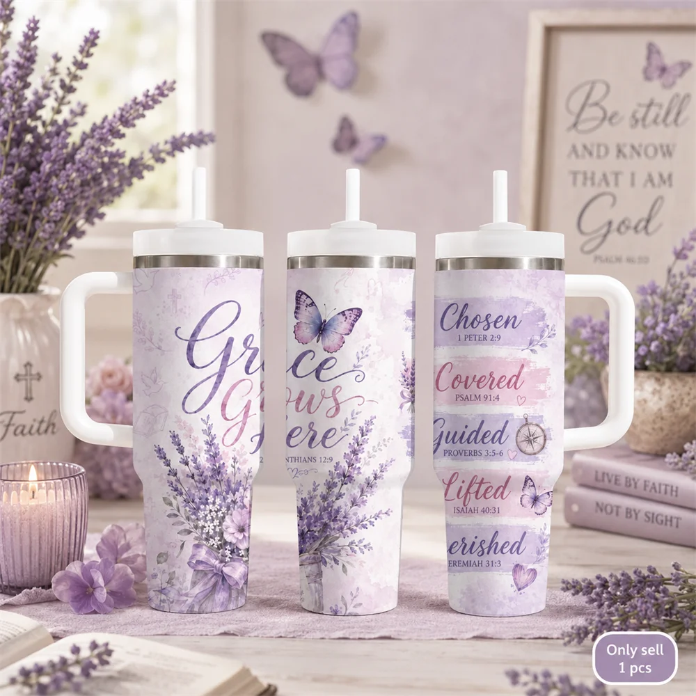 Christian Faith Floral Vacuum Flasks 40oz Portable Stainless Steel Tumbler with Handle Straw Double Wall Insulated Leakproof Mug