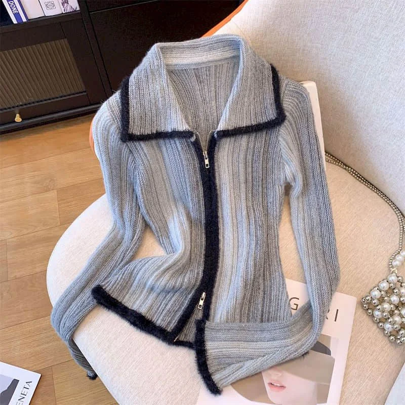 Sweater Knitted Cardigans Women Loose Casual Vintage Female Knitwear Turndown Collar Korean Style Zipper Design Long Sleeve Tops