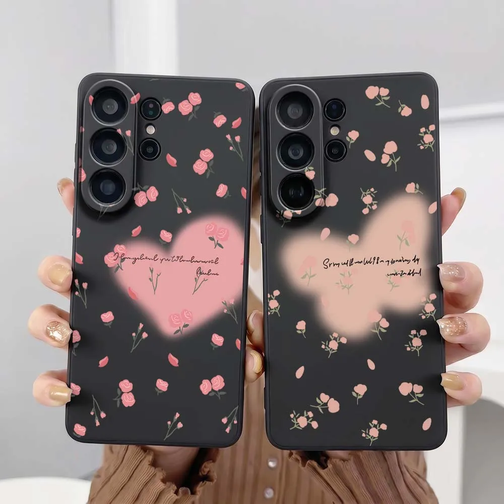 Cartoon Pink Rose For Samsung Galaxy S26 S25 S24 S23 S22 S21 S20 Pro Edge Ultra Plus FE 5G Black Cover Phone Case