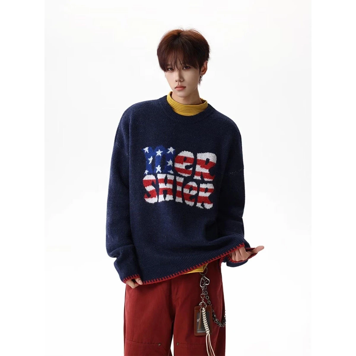 الأمريكية الرجعية رسالة محبوك سترة فضفاضة عادية كسول Sle جولة Ne الأعلى العصرية خط irt للأزواج الخريف الشتاء ارتداء