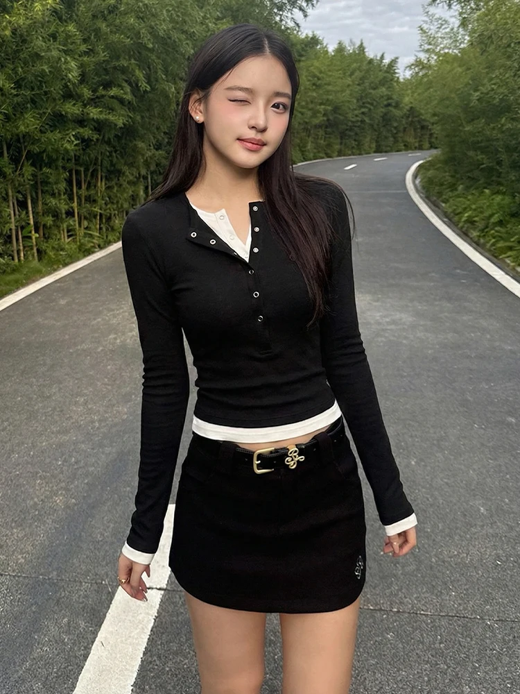 

Bla Henry Collar Long Sve T-irt Women Early Spring Color Blo Design Slimming Sexy Top Vintage Sle Ladylike Fit