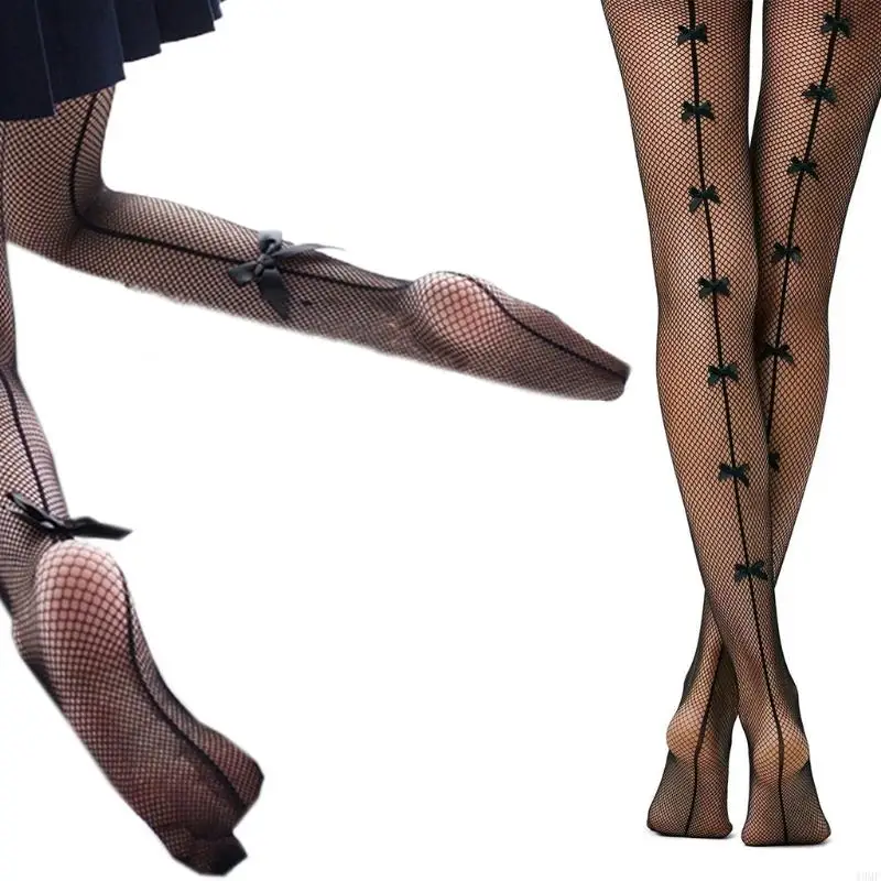 

49MF Women Sexy Fishnet Pantyhose Black Bowknot Mesh Tights Stockings with Back Seam