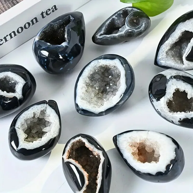 Natural Black Agate Geode Druzy Polished Crystal Cluster Quartz Rock Reiki Healing Stone Home Room Decoration Meditation Gift