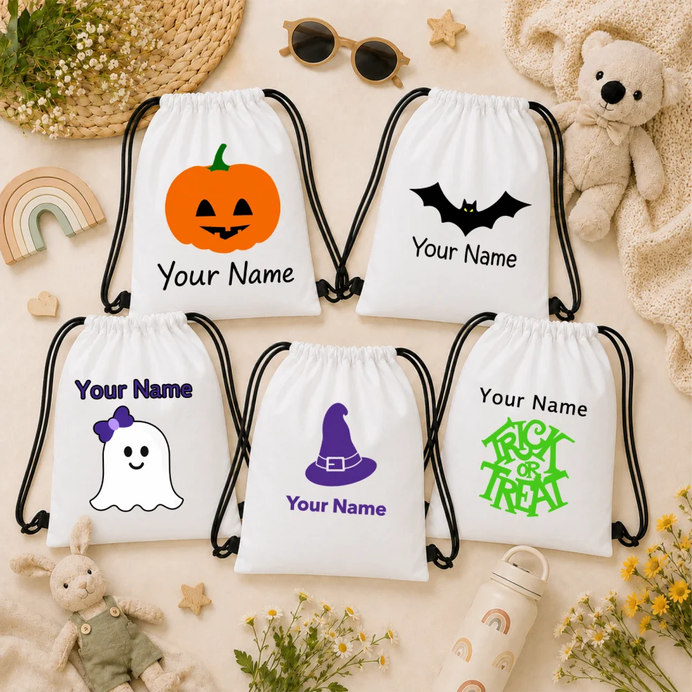Custom Name Halloween Drawstring Bags 5Pcs Kids Trick or Treat Candy Sack Pumpkin Bat Ghost Witch Hat Halloween Party Favor Bags