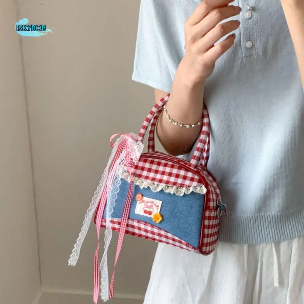 

Vintage Lovely Lattice Bowling Bag Leisure Bow Denim Plaid Handbag Commuting Rural Style Sweet Crossbody Bag Travel