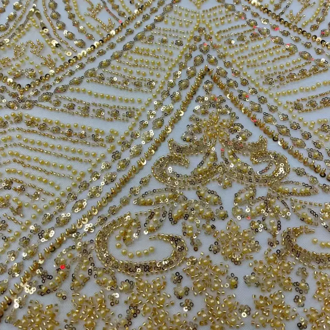 

Newest High Quality African Lace Fabric Floral Embroidery Heavy Sequin Beaded Tulle Mesh Fabric For High-end Wedding Party Dress