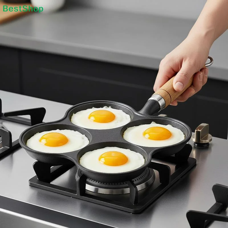 1Pcs Eggs Burger Skillet 4 Grid Cast Iron Frying Pan Non-stick Flat-bottom Pot Breakfast Bread/Steak Pan Kitchen Cookware