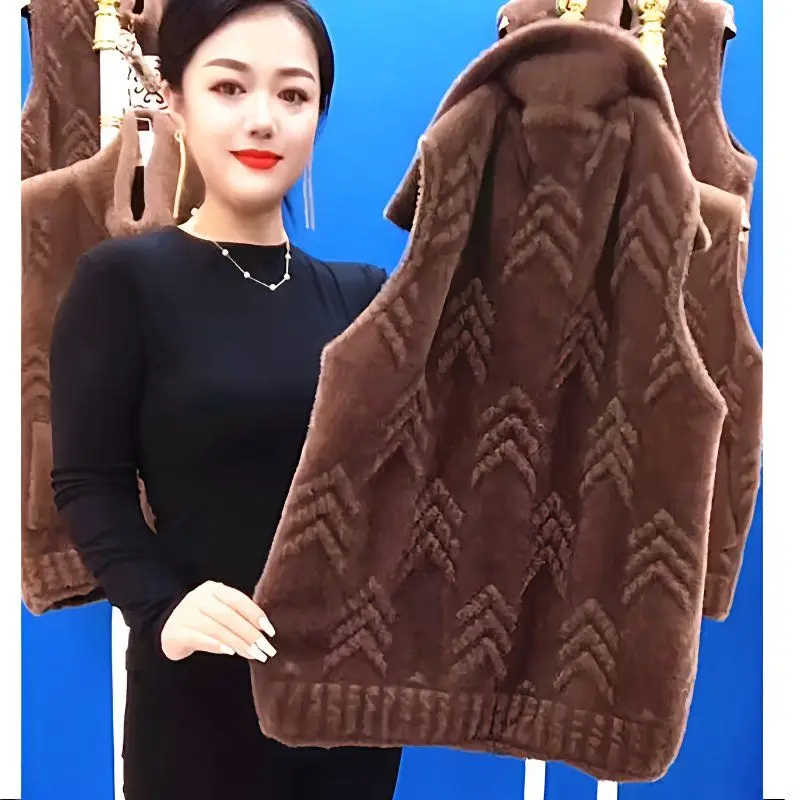 

Mother Imitation Mink Velvet Knitted Sweater Vest Autumn Winter Sleeveless Jacket Zipper Cardigan Sweater Women Waistcoat 4XL