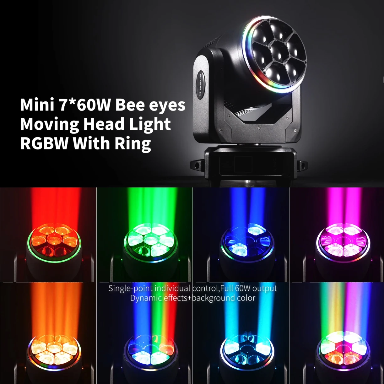 7x60W RGBW Bee Eye Moving Head Light 550W with 5050 LED Strip 4°-60° Zoom DMX Sound Activated Stage Light for Club Party Wedding