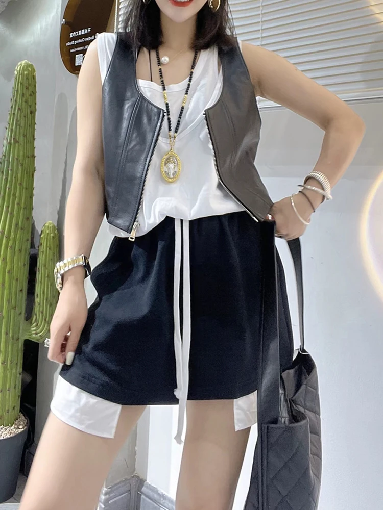 3XL 2XL Autumn New Women Short Fashion Genuine Real Leather Jacket Zip Loose Casual Sheepskin Sleeveless Jacket Vests Waistcoat