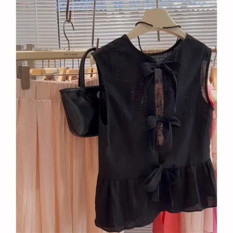 2025 New Summer Vintage Ruffles Lace Up Bow Vest Women Fashion Loose O Neck Sleeveless See Through Black Linen Womens Vest