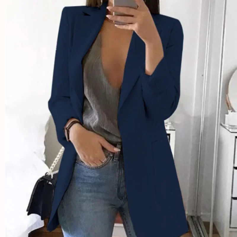 WISH2020 New Spring Autumn Best Seller Women's Long Sleeve Solid Color Pocket Cardigan Small Suit Jacket Tailored Coat