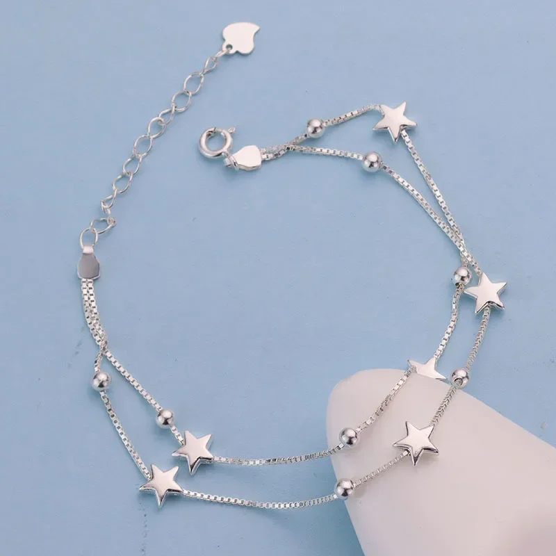 Fashion 925 Sterling Silver Beautiful Star Bracelets For Women Girls Korean Designer Double Layered Bead Bracelet Party Jewelry