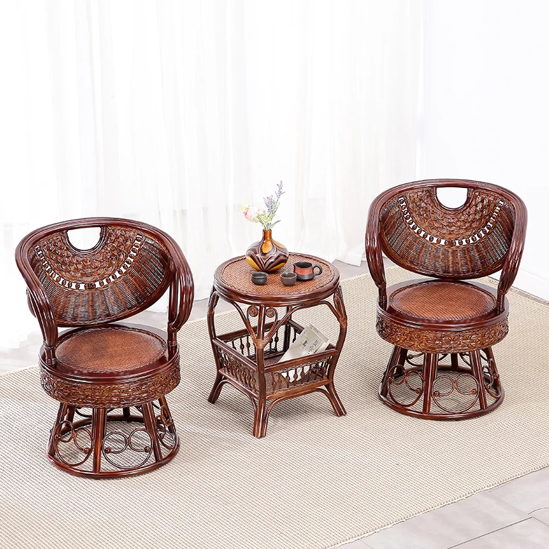 Rattan chair three-piece set balcony courtyard tea table combination simple casual bamboo woven swivel chair true rattan