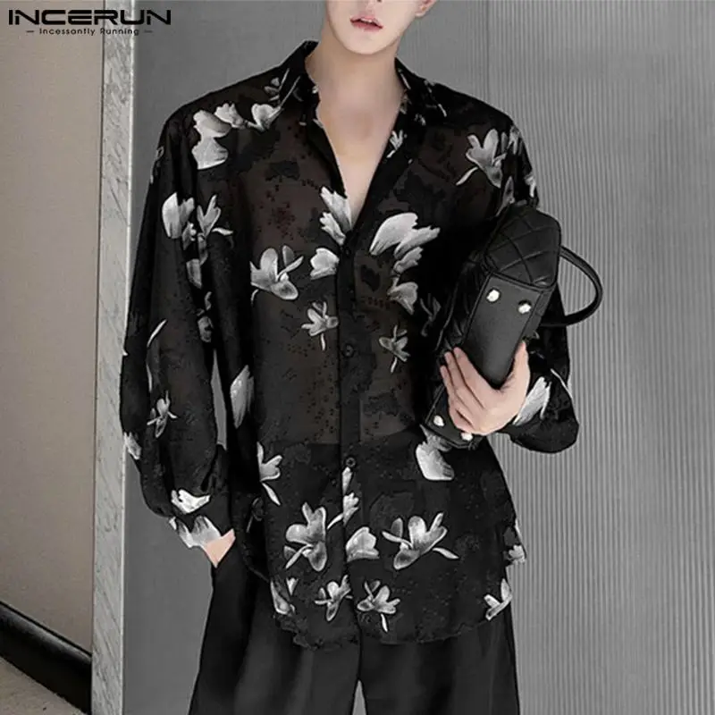 Handsome Well Fitting Tops INCERUN Men's Chiffon Jacquard Perspective Design Shirts Casual Long Sleeved Lapel Blouse S-5XL 2024