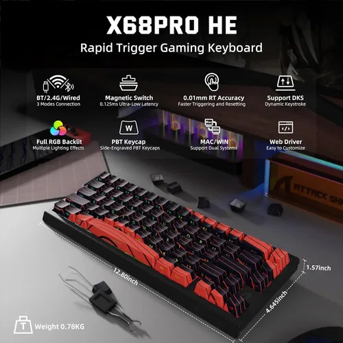 Imagen 1 del producto ATTACK SHARK X68 PRO HE Teclado inalámbrico para juegos con disparador rápido 8K Frecuencia de orolling Echangeable en caliente RGB retroiluminado
