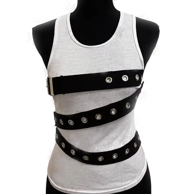2000er Jahre Sommer ärmellose Rundhals High Street Punk Tops europäische amerikanische Mode sexy Gürtel dekorative Gothic Spice Girl Weste