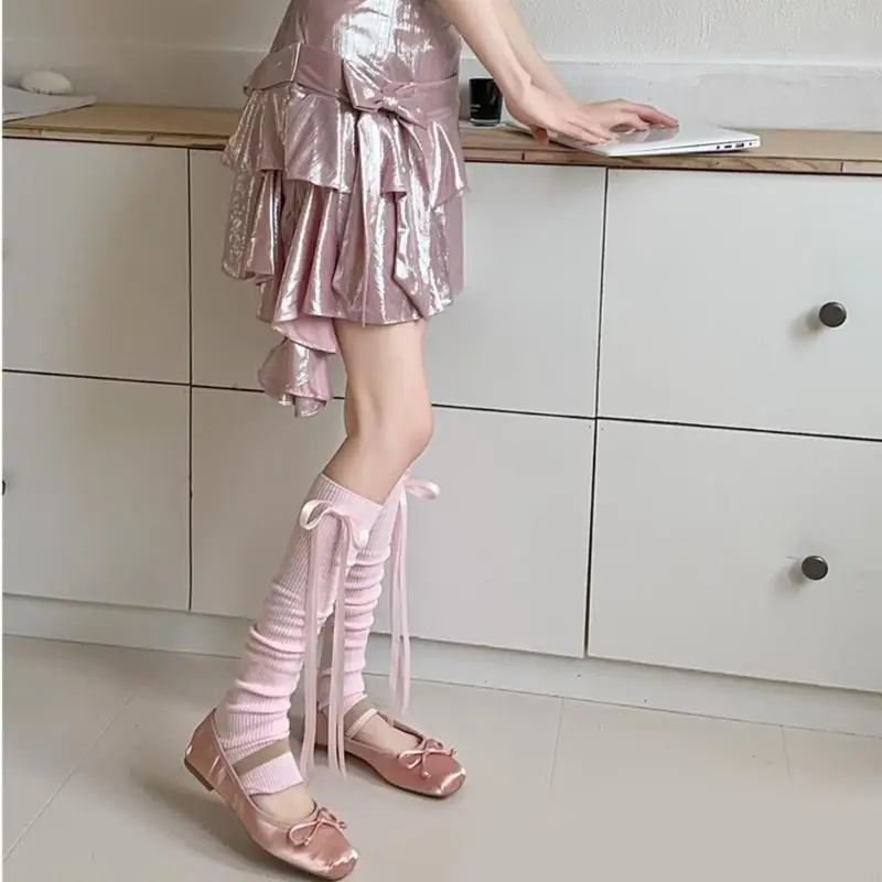 195E المرأة طويلة الشريط Bowknot جوارب السيقان الضلع متماسكة تمتد جوارب طويلة إلى الركب غطاء الساق #3