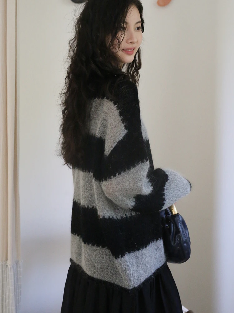 

Свободный длинный вязаный свитер в полоску из шерсти и кашемира для женщин, повседневный пуловер с круглым вырезом, теплый, толстый, зимний, модный 2025