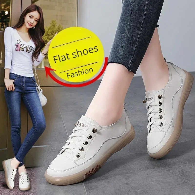 Zapatos de cuero genuino para mujer, zapatillas de tenis planas de lujo, informales, de punta ancha, suaves