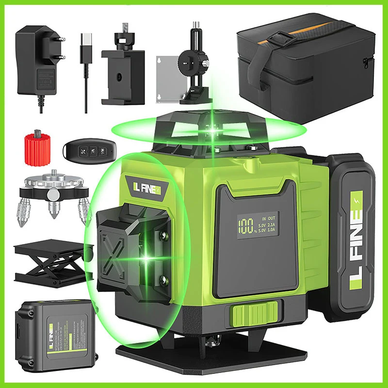 16 Lines 4D Laser Level 360°Self-leveling Horizontal and Vertical Cross Super Powerful Green Laser Beams 4800mAh Laser Level