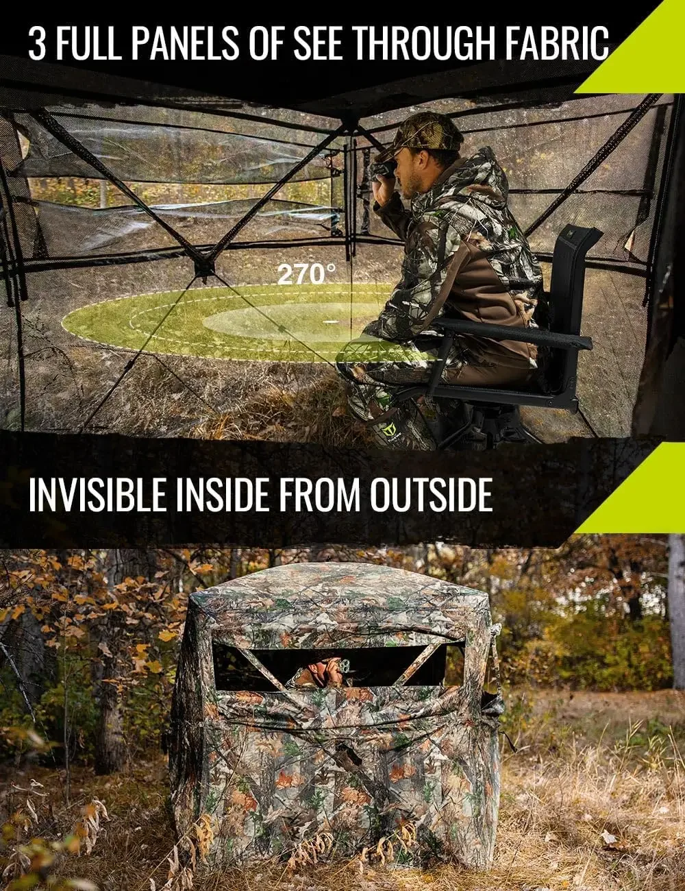 2025 USA Hunting Blind See Through w/ Carrying Bag, 3-4 Person Pop Up Ground Blinds 270 Degree, 300D Portable Resilient Hunting