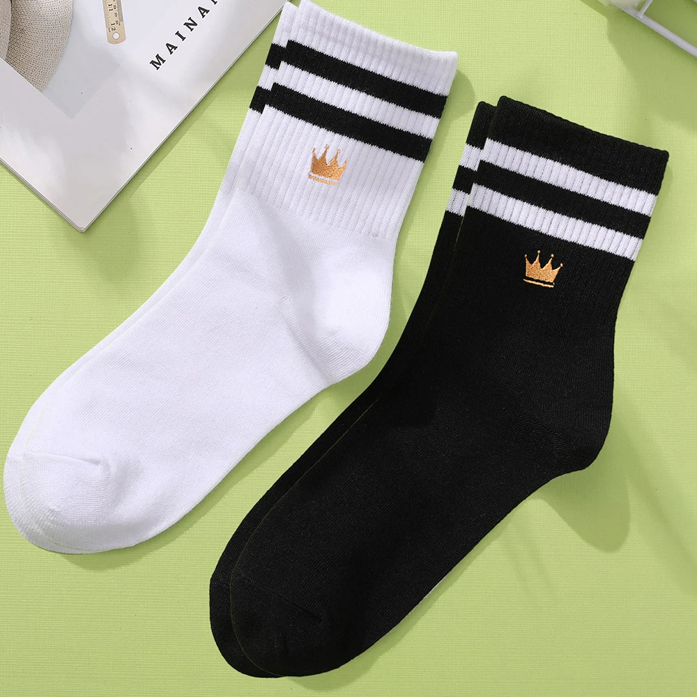 2 Pairs Embroidered Mid Tube Socks Women\'s Parallel Bars Fashionable Crown Simple Spring Autumn Comfortable Warm Girls\' Socks