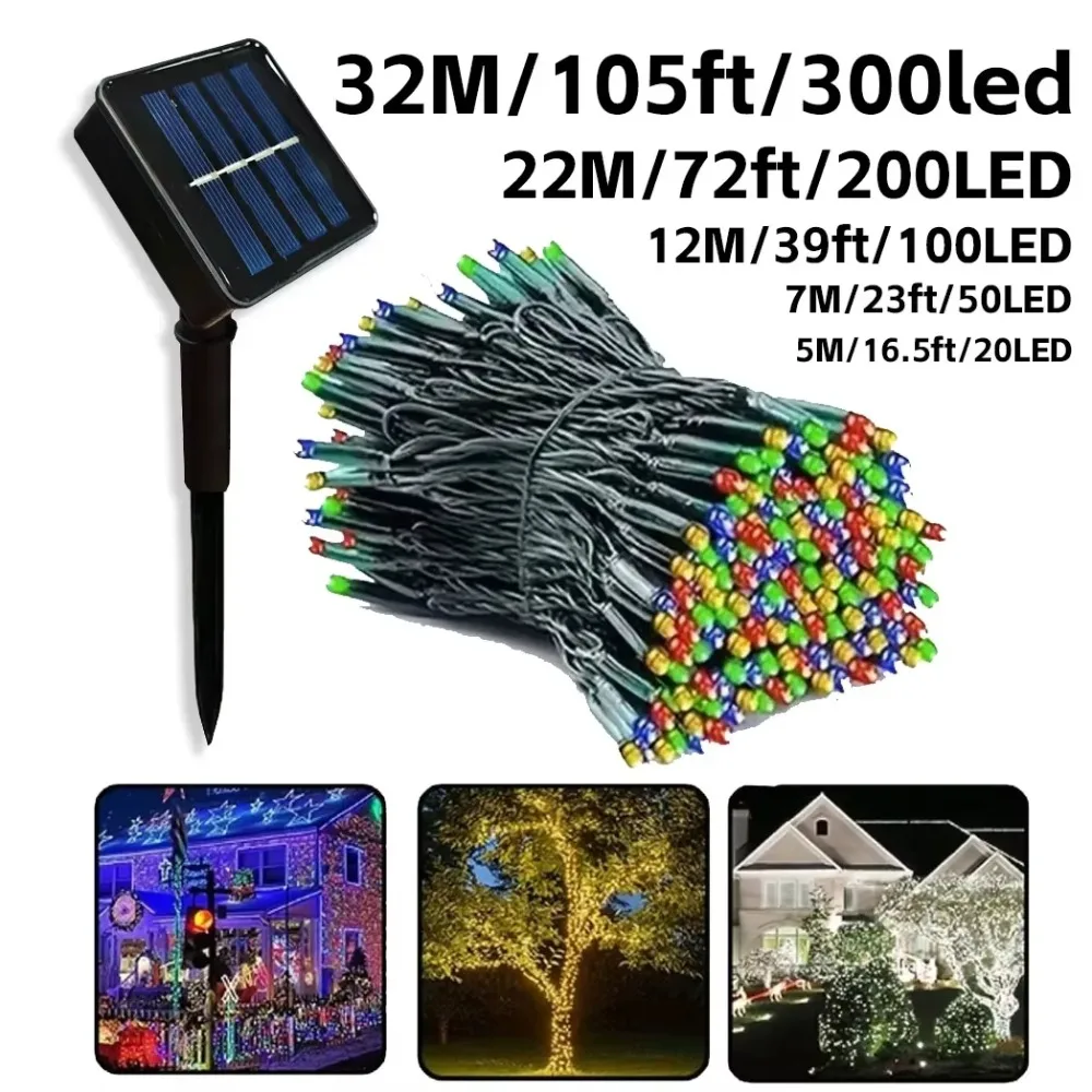 Outdoor Solar LED String Lights Multicolor 32M/22M/12M/7M/5M 300/200/100/50/20LED for Garden Christmas House Tree Decor