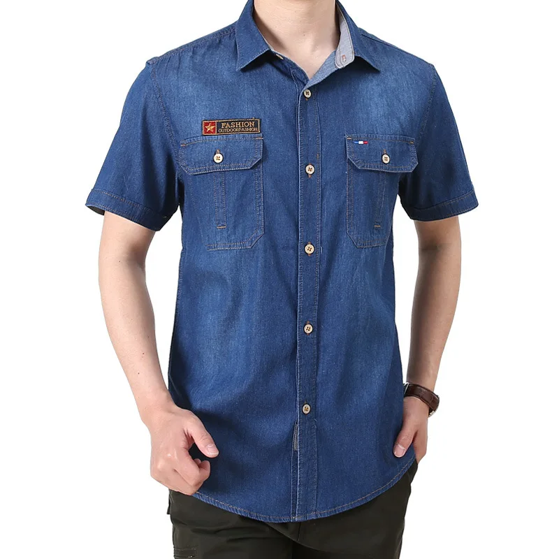 New Summer Men Short Sleeved Denim Shirts High Quality Male Cotton Casual Jeans Shirts Man Fashion Multi pockets Cargo Shirts 4X