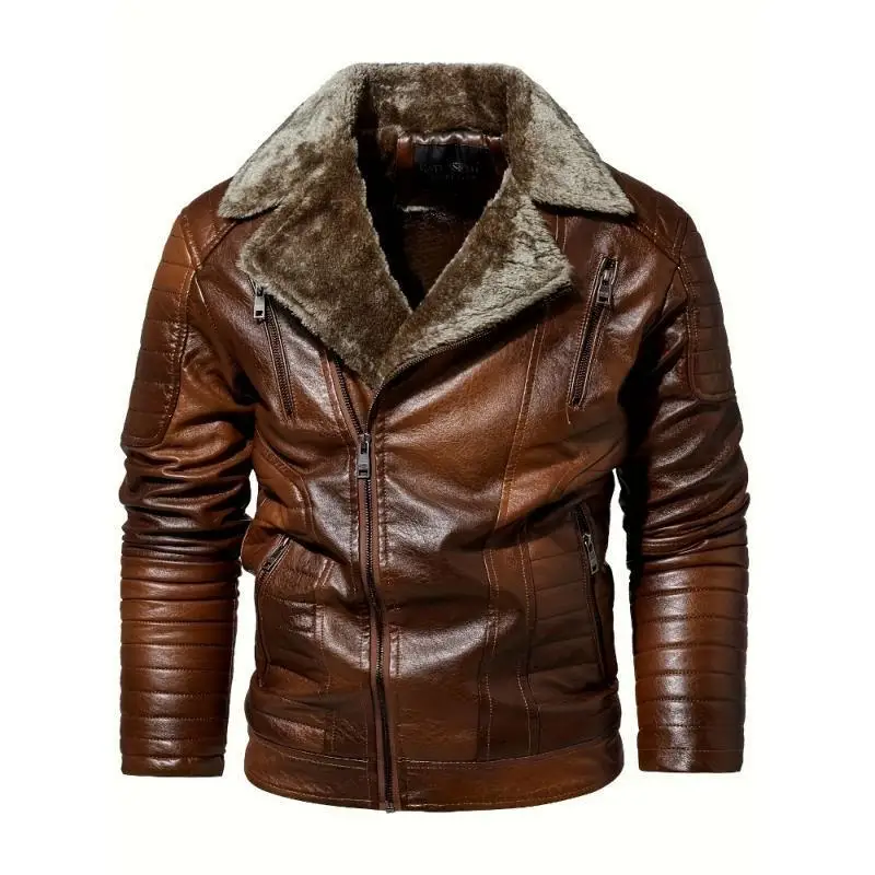 Men's Fleece Lined Leather Jacket V-Neck Sleeveless Embroidered Loose Fit Mid-Length PU Material New Style Face Furlined Jacket