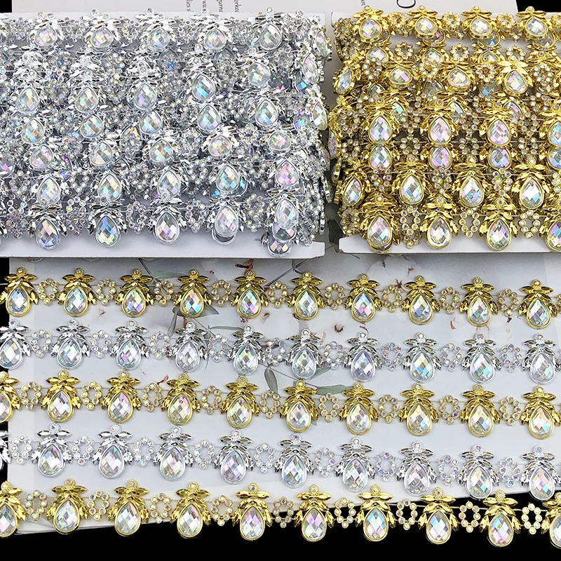 8 Yards 2.5cm Wide Sparkly AB Teardrop Crystal Rhinestone Pendant Chain Trim For Evening Gown Bags DIY Handmade Sewing Supplies