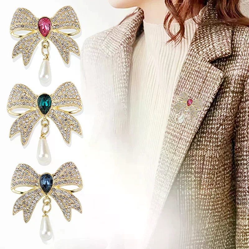 Vintage Light Luxury Rhinestone Bow Brooches Women Clothing Coat Jewelry Accessries Gifts