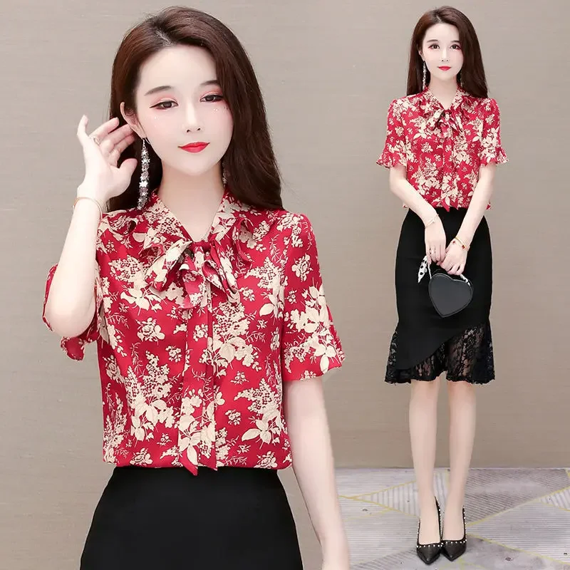 Blouse Women Women\'s Printed Short-Sleeved Chiffon Blouse Summer Shirt Blusas Ropa De Mujer