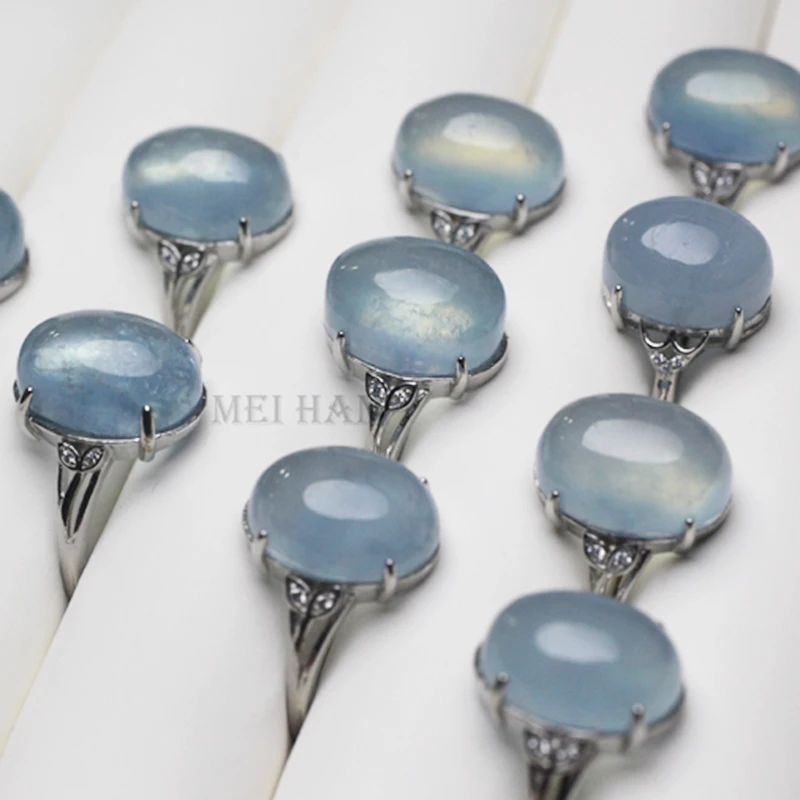 Meihan Wholesale Natural Aquamarine Gem Stone Oval Beads Adjustable Ring Women For Jewelry Making Gift