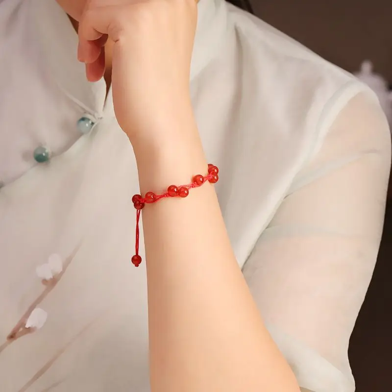 Retro Chinese Style Fashion Bracelet for Women Handwoven Lucky Red Rope Chain with Natural Cinnabar and Agate Beads