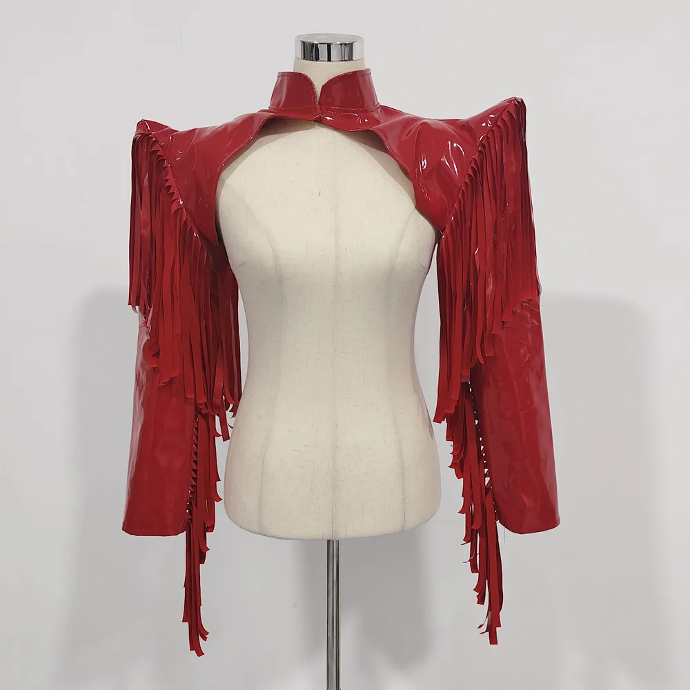 

Gothic Punk Faux Leather Crop Jackets Red Leather Tassel Fly Shoulder Pads Coat Queen Dance Costume Women Singer Stage Show Wear