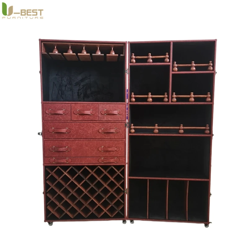 U-best Vintage Aviator Leather Trunk Aluminum Sideboard Loft Tall Corner Cabinet Home Bar American Style Wine Display Storage