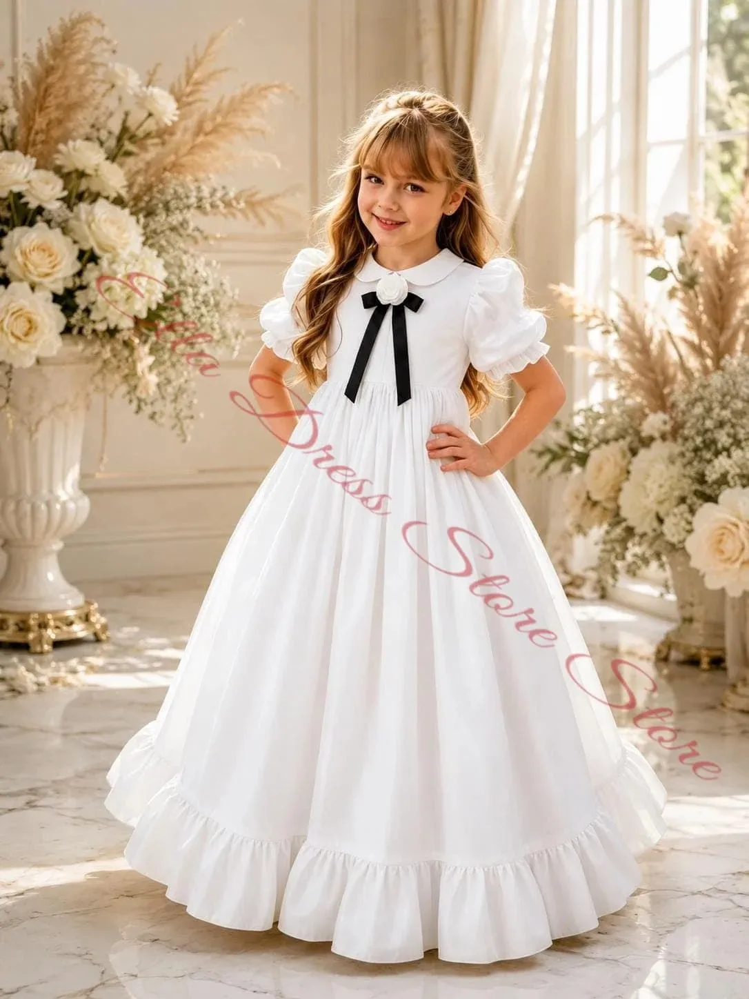 Weißes Satin-Mädchenkleid, hübsches Blumenmädchenkleid mit schwarzer Schleife, für Hochzeitszeremonie, Feiertagsfeier, Veranstaltungen, Partys, nach Maß. – Detail 1