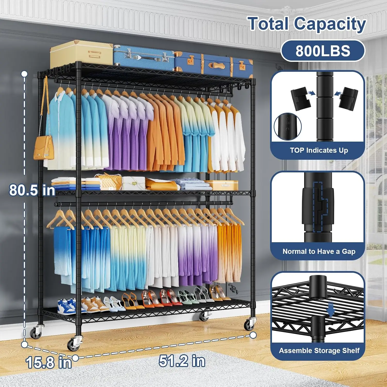 P8 Max Heavy Duty Clothes Rack（With Extended Width Design） Rolling Clothing Racks for Hanging Clothes，Portable Garment Rack with