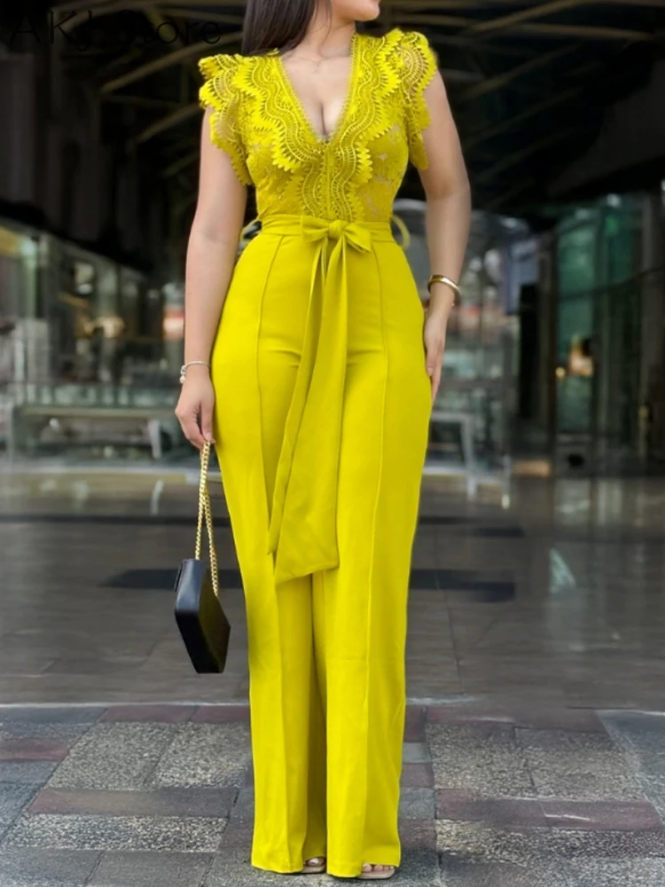 

Elegant Lace Patchwork Bow Tie Waist Long Rompers Zipper Back Wide Leg Jumpsuit