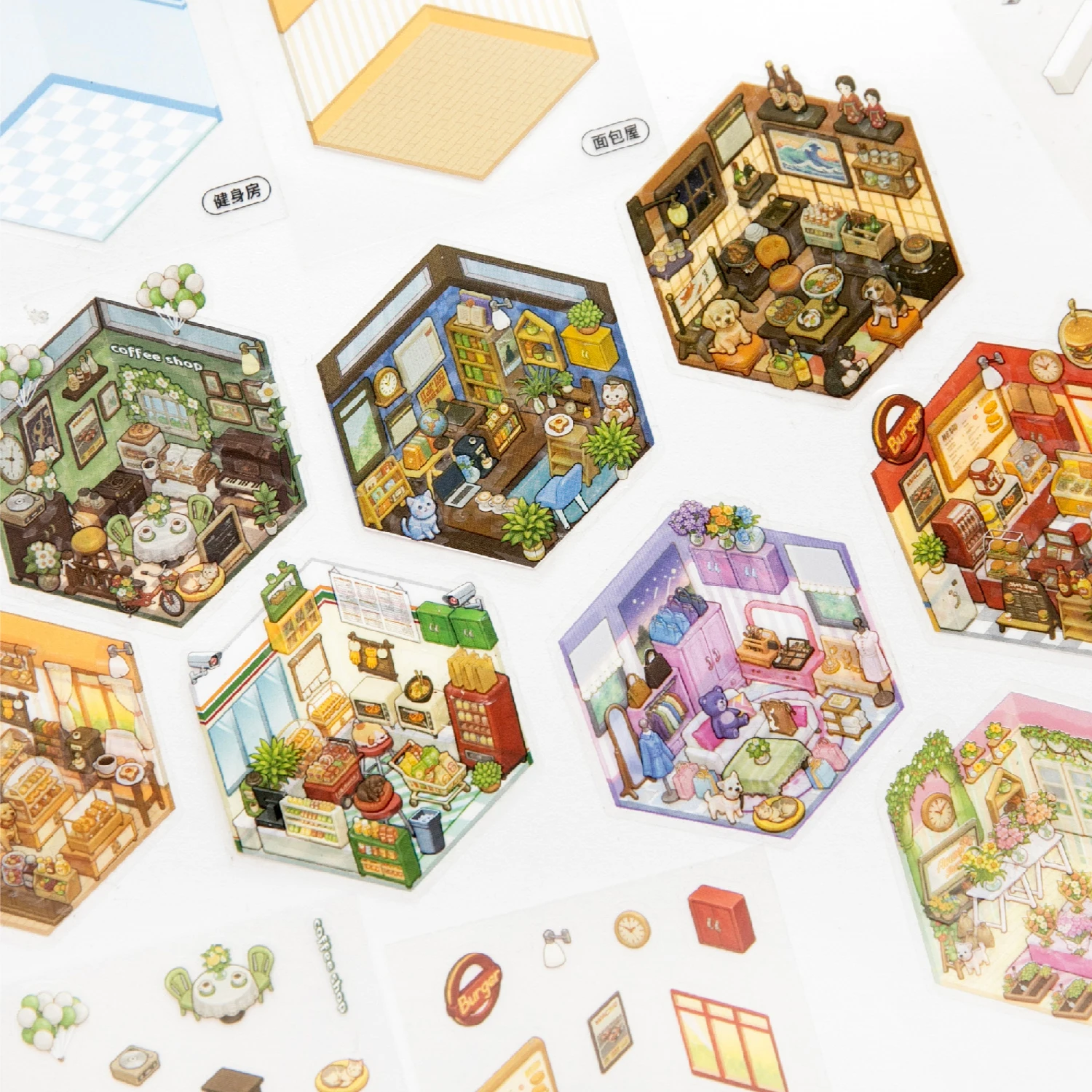 13 Sheets Stackable House Scene PET Stickers, Diorama Room Journal Decals