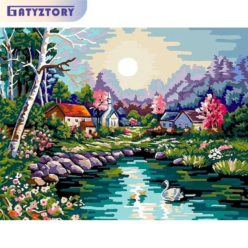 40x50cm Creek Cottage Malen nach Zahlen Geschenkset Digitales Ölmalen nach Zahlen Landschafts-Malsets Moderne Handgemalte Bilder nach Zahlen