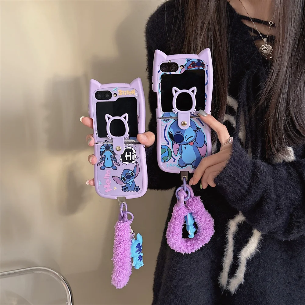 Disney Cartoon Character Stitch 3D Cat Ear Phone Case for Samsung Galaxy Z Flip 3 4 5 6 With Plush Lanyard Anti-drop Back Cover