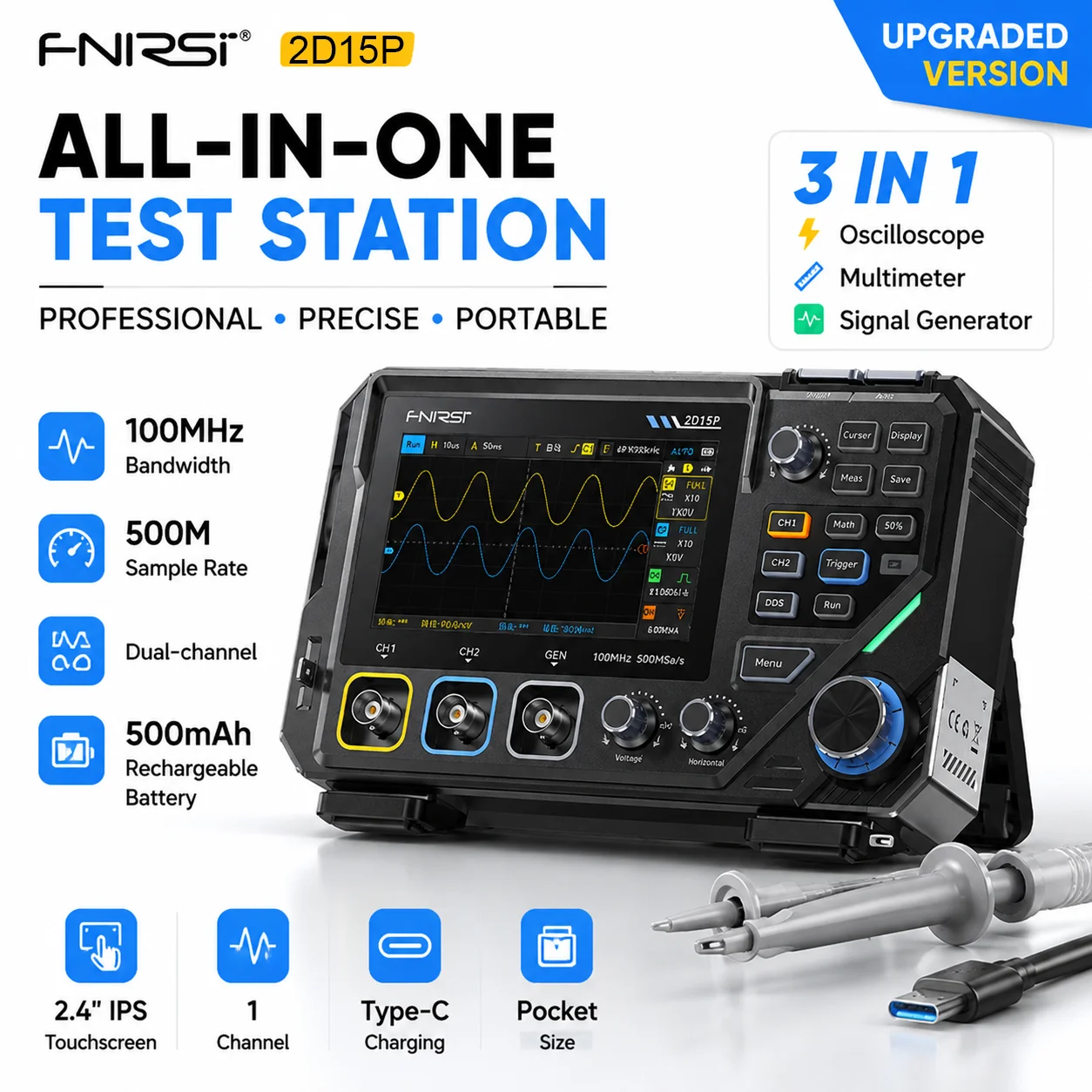 FNIRSI 2D15P 3IN1 Digital Oscilloscope Multimeter Signal Generator 100MHz 500MSa/s 2CH Touch Screen 20000 Counts TRMS Too